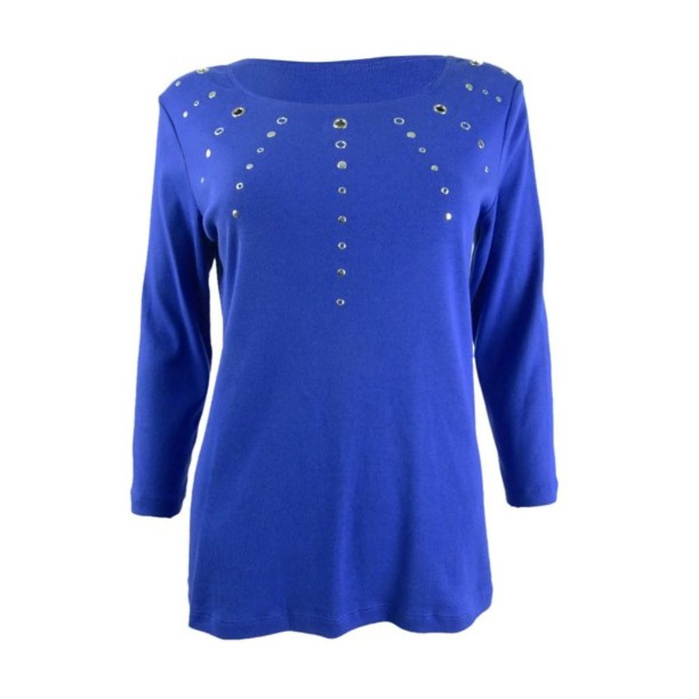 Karen Scott Women's Cotton Grommet Embellished Top, Ultra Blue